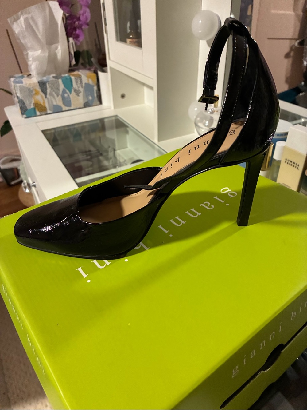 Gianni Bini Black Patent Pointed-Toe Ankle-Strap Heels